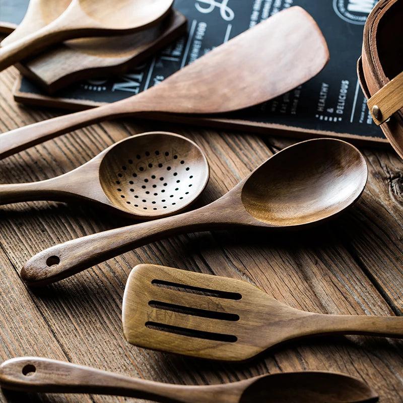 9PCS Wooden Spoons for Cooking, Wooden Utensils for Cooking with Utensils Holder, Teak Wooden Kitchen Utensils Set
